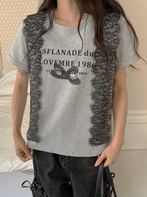 리에론 라운드넥 레이스숄 소매롤업 반팔 티셔츠